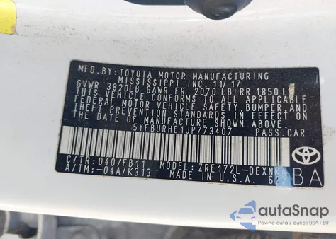 2018 Toyota Corolla Le from USA, damaged, VIN 5YFBURHE1JP773407